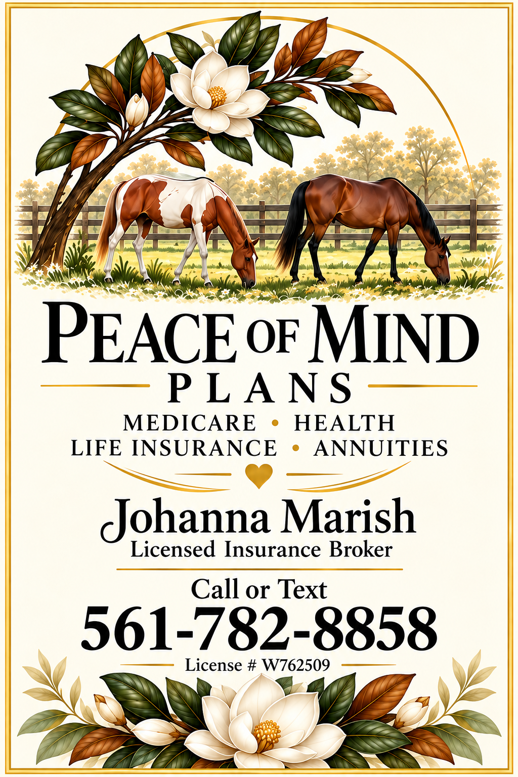 A magnolia tree overlooking two horses grazing in a peaceful pasture